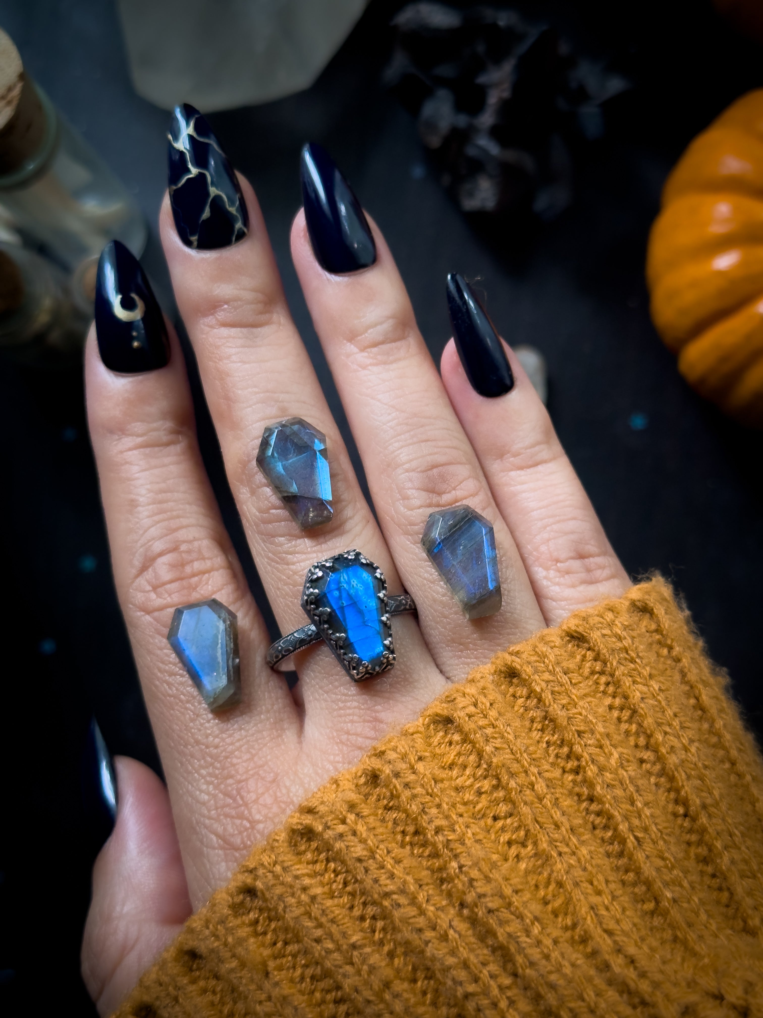 Labradorite Petite Coffin Ring - Custom Sized