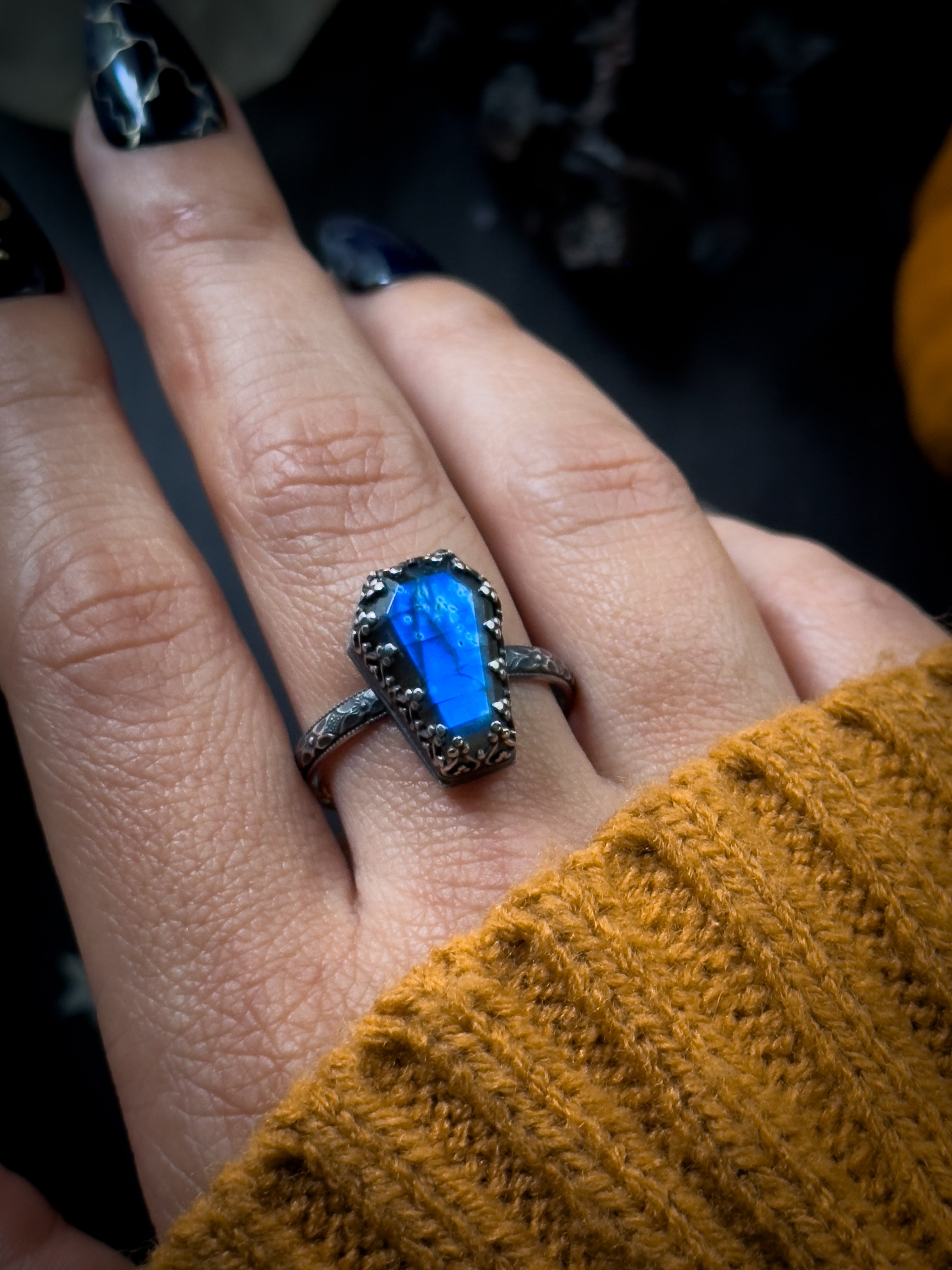 Labradorite Petite Coffin Ring - Size 10.5