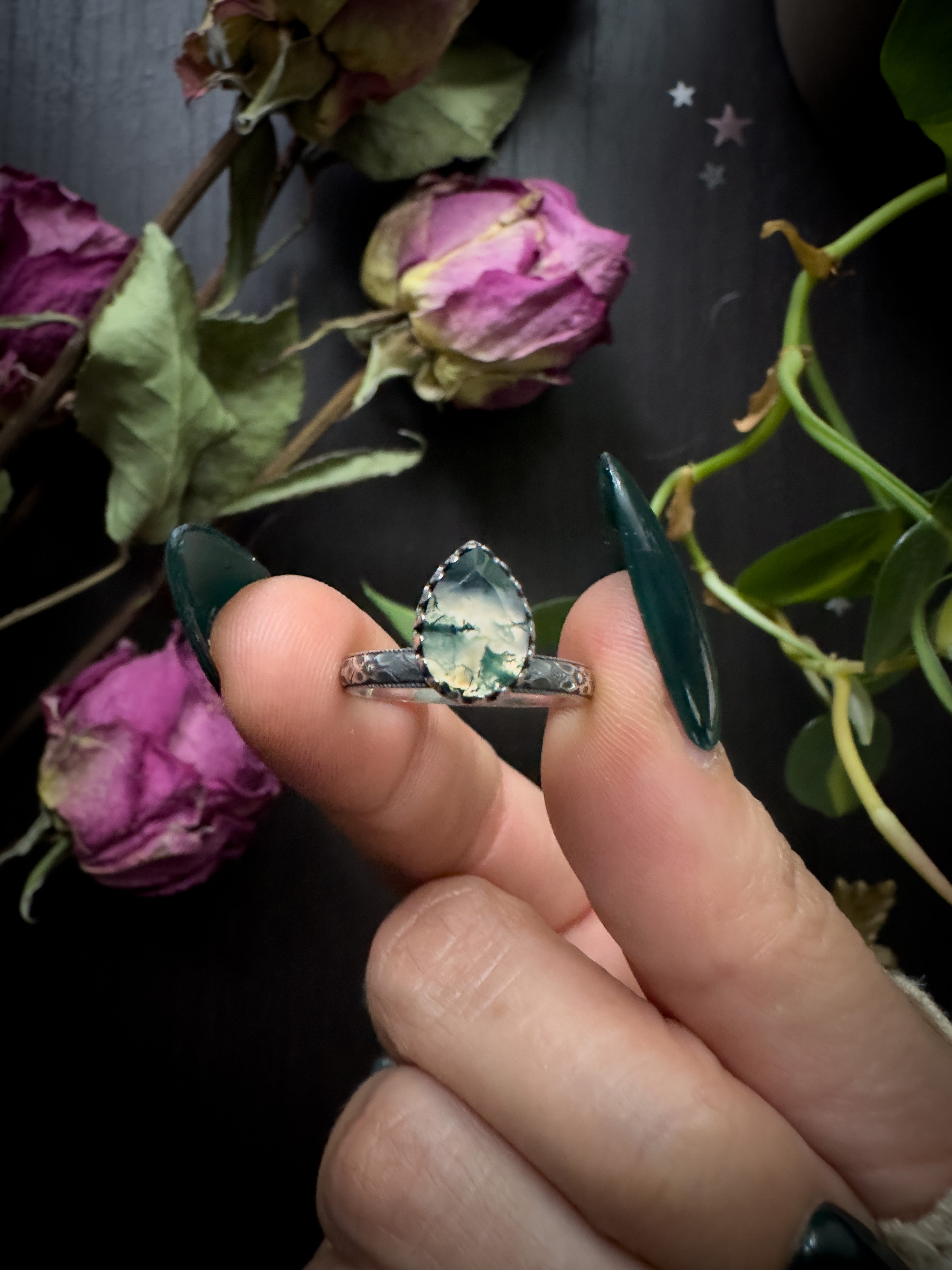 Moss Agate Drop Ring Preorder